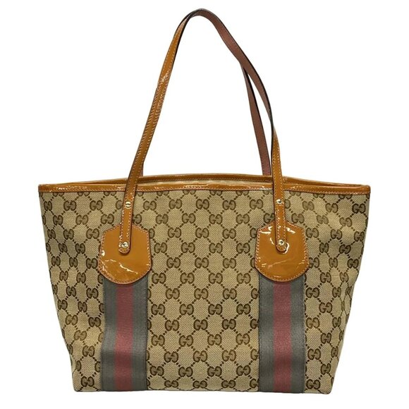 GUCCI GG Beige Dark Brown Multi Jacquard Patent Leather Tote Bag 511-090225 - Picture 1 of 12